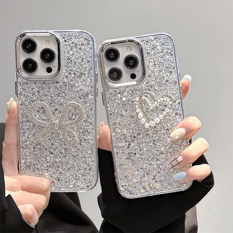 Silver Glitter Rhinestone Bow Heart Sparkle Phone Case For IPhone Luxury Artificial Pearl Electroplated Frame Protective Back Cover