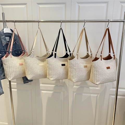 Bolso Tote De Paja Tejida Gran Capacidad Retro Verano Playa Viaje Bolso De Mano Con Empalme Cuero Color Contraste Mujeres