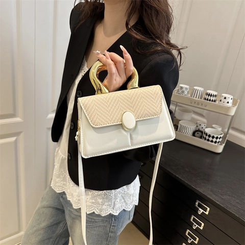 Borsa A Tracolla Da Donna Pelle PU Intrecciata Manico In Metallo Dorato Borsa A Spalla Elegante Borsa A Mano Quadrata