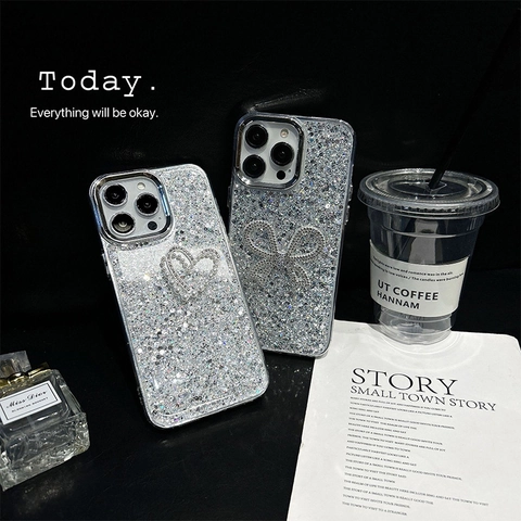 Silver Glitter Rhinestone Bow Heart Sparkle Phone Case For IPhone Luxury Artificial Pearl Electroplated Frame Protective Back Cover