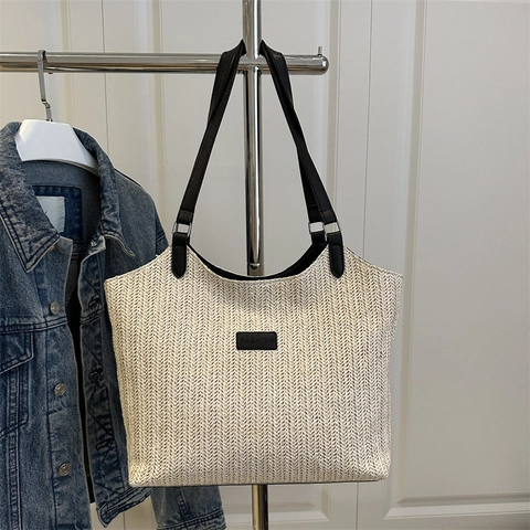 Bolso Tote De Paja Tejida Gran Capacidad Retro Verano Playa Viaje Bolso De Mano Con Empalme Cuero Color Contraste Mujeres