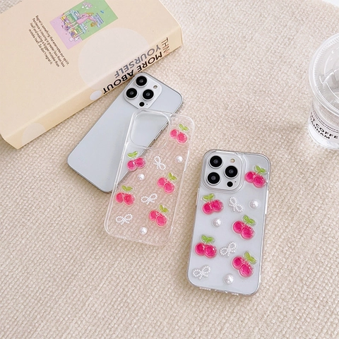 Phone Case 3D Cherry Artificial Pearl Bow Transparent TPU Soft Cover Cute Ins Style Girl Woman