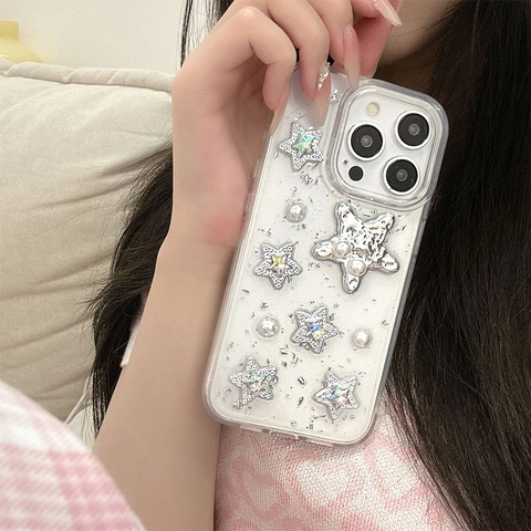Phone Case For iPhone Transparent TPU Silver Foil Embedded 3D Resin Stars Rhinestone Faux Artificial Pearl Sparkly Y2K Style For Women