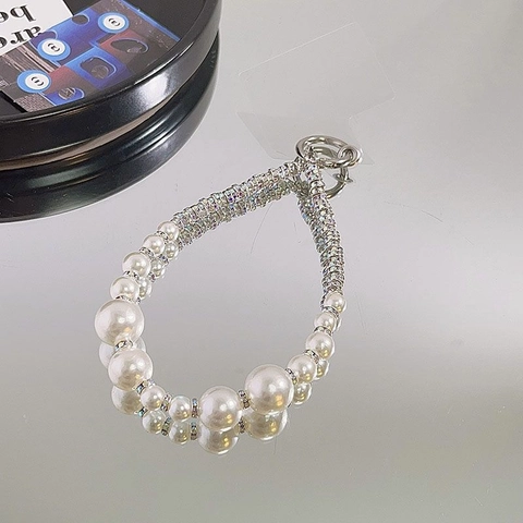 Artificial Pearl Rhinestone Phone Lanyard Wrist Strap With Transparent Patch Anti-Lost Beaded Chain For Women Elegant Accessory