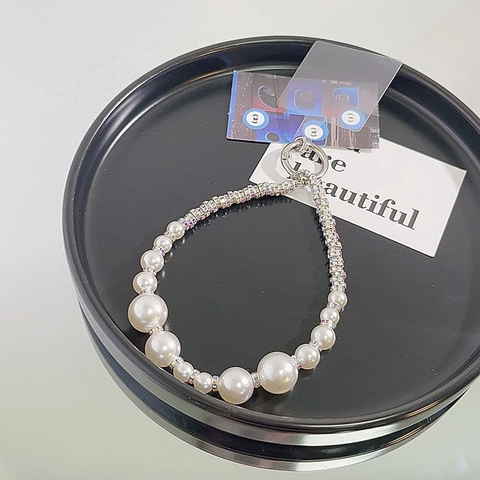 Artificial Pearl Rhinestone Phone Lanyard Wrist Strap With Transparent Patch Anti-Lost Beaded Chain For Women Elegant Accessory