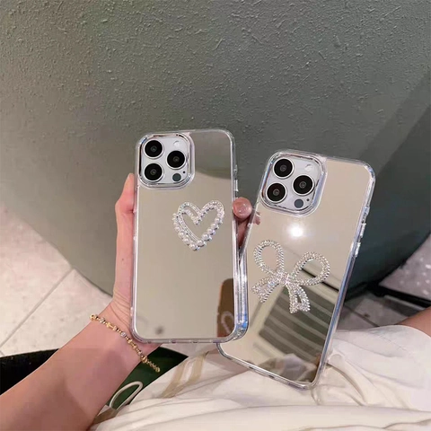 Spiegel Handyhülle Strass Schleife Herz Galvanisierter Rahmen Tpu Schutzhülle Luxus Mode Cover Für Damen Mädchen