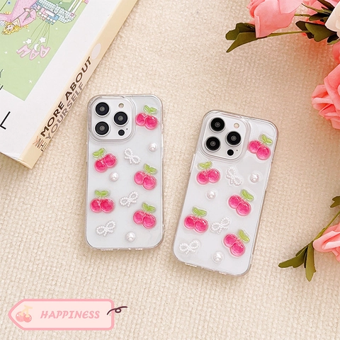 Phone Case 3D Cherry Artificial Pearl Bow Transparent TPU Soft Cover Cute Ins Style Girl Woman