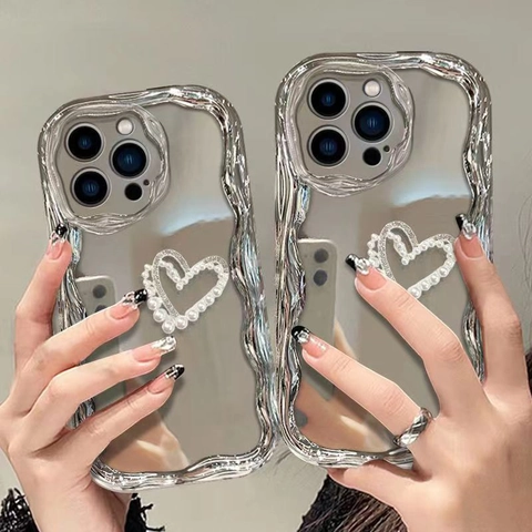 Mirror Phone Case With Silver Electroplated Wavy Edge Artificial Pearl Rhinestone Heart Aesthetic Shockproof Protective Cover
