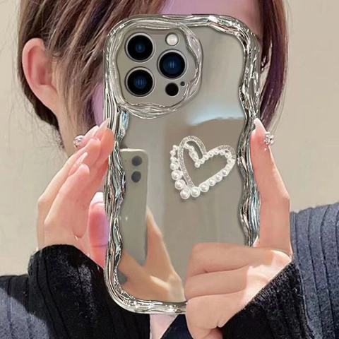 Mirror Phone Case With Silver Electroplated Wavy Edge Artificial Pearl Rhinestone Heart Aesthetic Shockproof Protective Cover