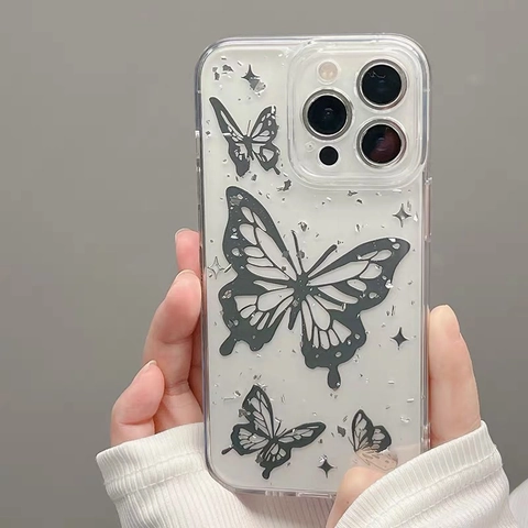 Schmetterling Handyhülle Transparent TPU Schutzhülle Galvanisierte Silberfolie Funkeln Glitzer Luxus Elegant Für IPhone Pro Max
