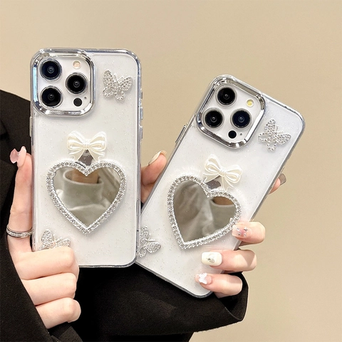 Rhinestone Butterfly Phone Case With Heart Mirror Glitter TPU Electroplated Bow Shockproof Cover For iPhone