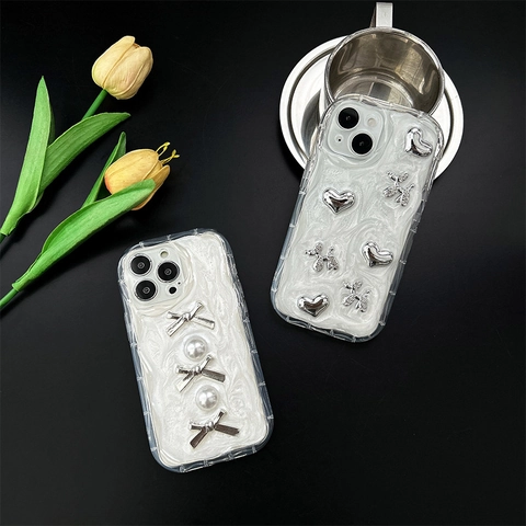 Coque de Téléphone Souple Style Ins Vague Crème Perle Nœud Cœur Paillettes Étui de Protection Élégant Accessoire Esthétique