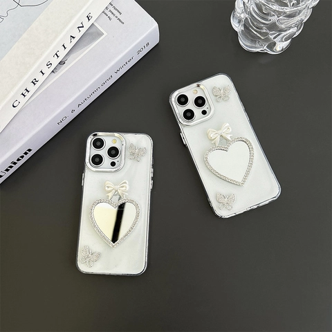 Rhinestone Butterfly Phone Case With Heart Mirror Glitter TPU Electroplated Bow Shockproof Cover For iPhone