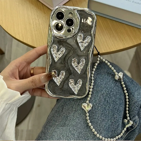Fashion Electroplated Wrinkled Heart Phone Case With Metallic Beaded Chain Strap Protective Wave Edge Smartphone Shell Cover