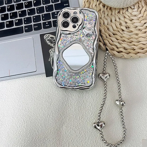 Luxury Silver Glitter Mirror Heart Chain Case For iPhone 17 16 15 Pro Max TPU Rhinestone Wave Edge Shockproof Cover Women