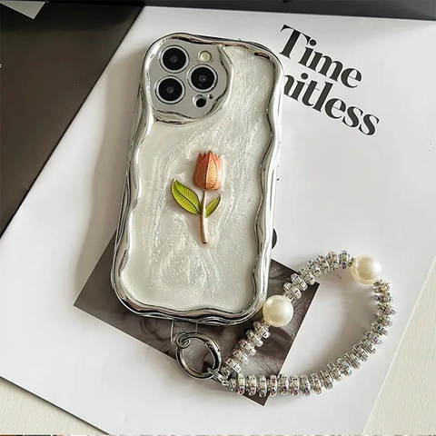 Phone Case For iPhone With 3D Tulip Flower Electroplated Wave Edge Shimmer Back Artificial Pearl Rhinestone Wrist Strap Chain Soft TPU Protection Cover