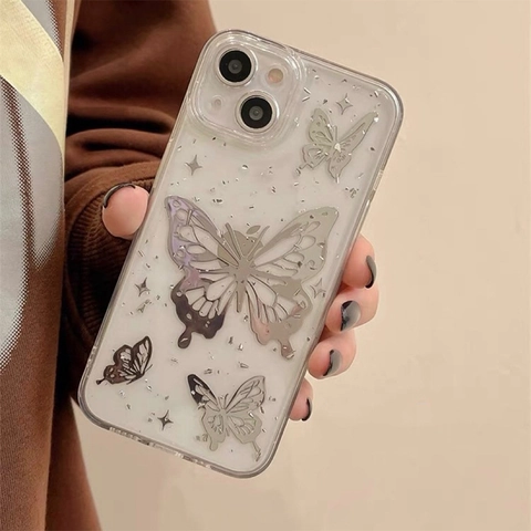 Schmetterling Handyhülle Transparent TPU Schutzhülle Galvanisierte Silberfolie Funkeln Glitzer Luxus Elegant Für IPhone Pro Max