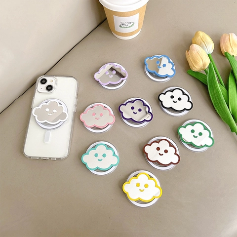 Cloud Shape Mirror Magnetic Phone Grip Retractable Expanding Stand For Desktop Cute Smile Face Minimalist