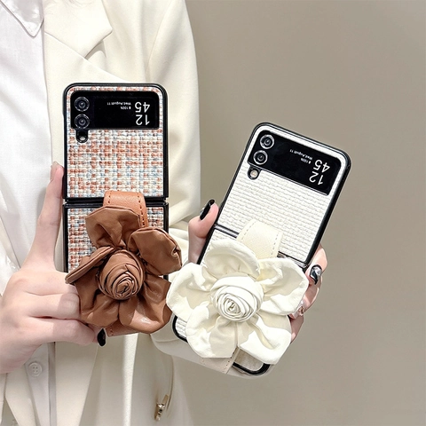 Funda Plegable Para Teléfono Con Textura Tejida Flor De Cuero Grande Correa De Muñeca Protección Elegante