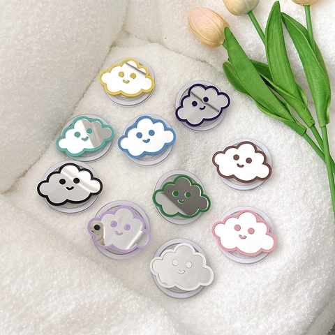 Cloud Shape Mirror Magnetic Phone Grip Retractable Expanding Stand For Desktop Cute Smile Face Minimalist