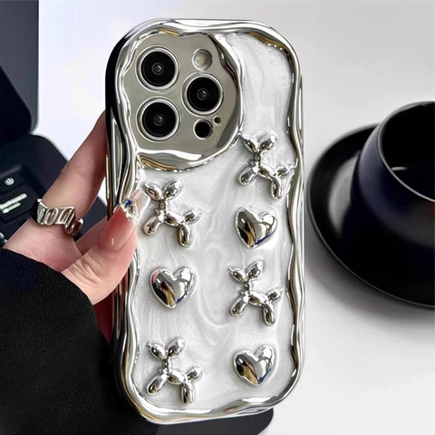 Custodia Per IPhone Cane Palloncino Cuore Argento Galvanizzato Bordo Ondulato Antiurto Lusso TPU Catena A Mano Perla Artificial Finta