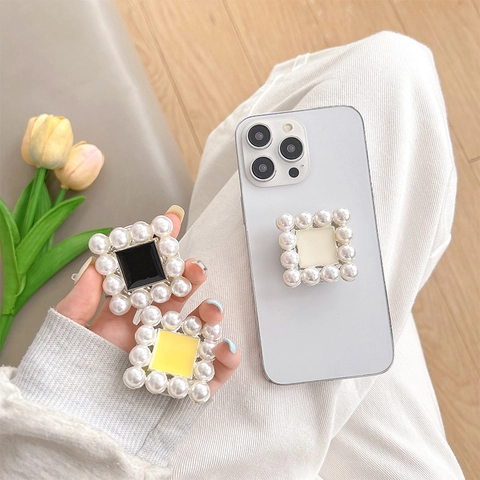 Phone Grip Square Retractable Stand Alloy Imitation Artificial Pearl Inlay Elegant Mobile Phone Holder For Desktop Back Paste