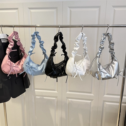 Borsa Sottobraccio Da Donna Pelle PU Tracolla Pieghettata Decorazione Fiocco Design Nicchia Hobo Cloud