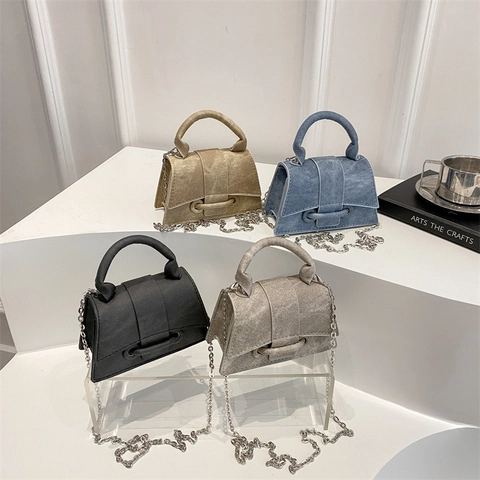 Mini Handbag Crossbody Shoulder Bag Textured PU Fabric Trapezoid Shape Metal Chain Strap Solid Color Elegant Trendy Daily Women