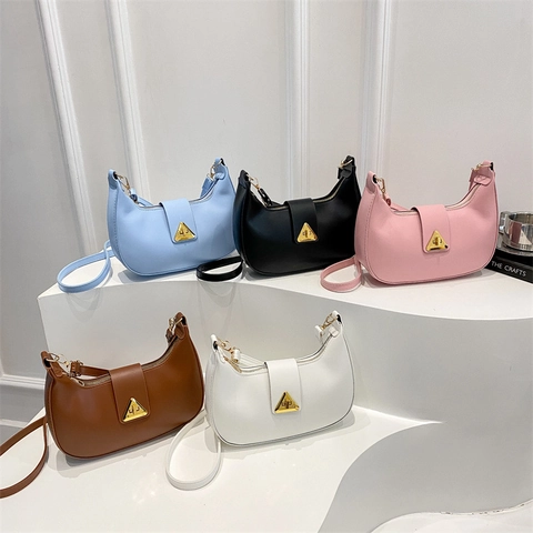 French Retro Women Hobo Bag PU Leather Half Moon Shape Underarm Shoulder Bag With Golden Triangle Buckle Solid Color