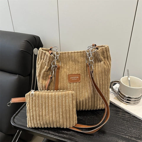 Corduroy Tote Handbag And Small Zip Pouch Vertical Striped Metal Chain Strap Casual Shoulder Bag Women