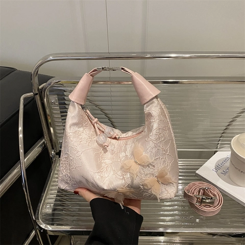 Hobo Unterarm Umhängetasche Damen Spitze Stickerei 3D Schmetterling PU Leder Verstellbarer Riemen Elegant Vielseitig