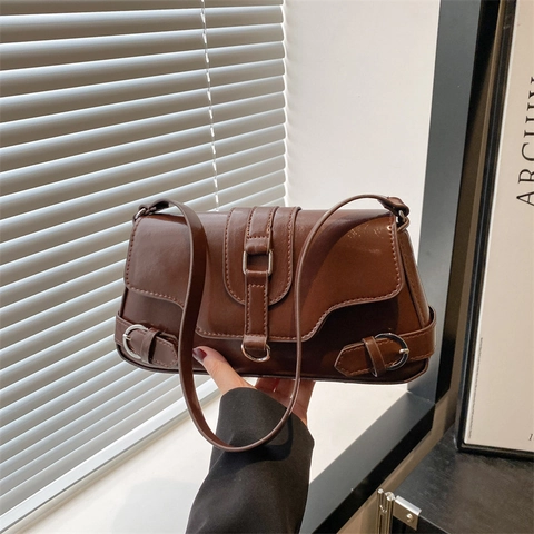 Vintage Shiny PU Leather Underarm Baguette Shoulder Bag Fashion Small Square Metal Buckle Elegant Casual Bag For Women