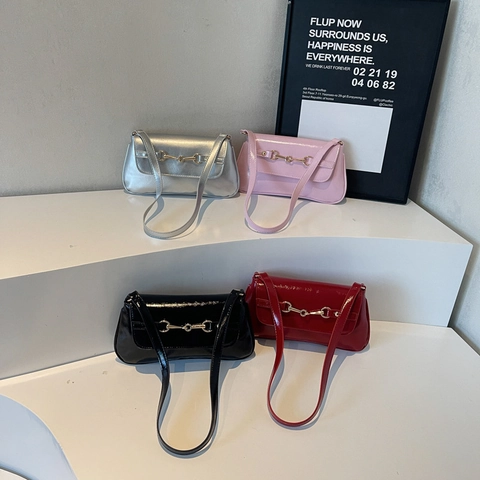 Borsa Baguette Sottobraccio Retro Donna Pelle PU Lucida Decoro Morsetto Metallico Borsa A Spalla Minimalista