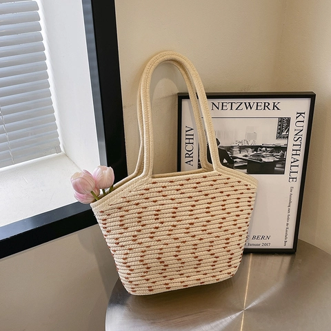 Gewebte Stroh-Einkaufstasche Große Kapazität Schultertasche Mit Quastenperle Minimalistische Sommer-Strandtasche Für Frauen