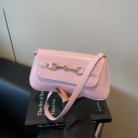 Borsa Baguette Sottobraccio Retro Donna Pelle PU Lucida Decoro Morsetto Metallico Borsa A Spalla Minimalista