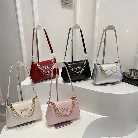 Bolso de Hombro de Axila de Cuero PU para Mujer Con Lazo de Metal Doble Cadena de Oro Retro Color Sólido Bolso Cuadrado Pequeño