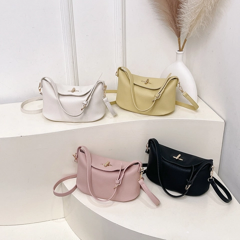 Women Lychee Texture PU Leather Shoulder Bag Solid Color Half Moon Hobo With Gold Lock Adjustable Strap