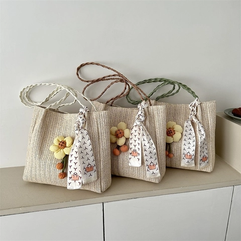 Sac Fourre-Tout En Paille Tissée Femmes Grande Capacité Vacances À La Plage Sac À Main Épaule Avec Fleur Et Foulard