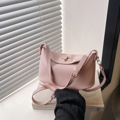 Women Lychee Texture PU Leather Shoulder Bag Solid Color Half Moon Hobo With Gold Lock Adjustable Strap