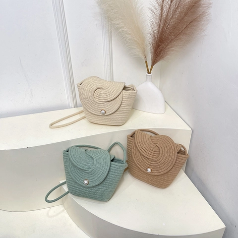 Borsa a Spalla da Donna in Corda di Cotone Intrecciata in Pelle PU con Patta a Spirale Secchiello Mare Estate Decorazione Perle Artificiali