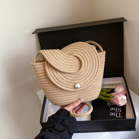 Woven Shoulder Bag Handmade Straw Crossbody Bucket Purse With Artificial Pearl Buckle Spiral Flap For Summer Vacation Beach