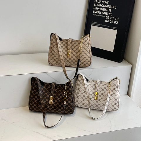 French Vintage Women PU Leather Shoulder Bag Monogram Print Square Underarm Bag With Chain Strap Gold Lock Daily Commuter Purse