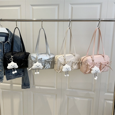 Women Trendy PU Leather Pillow Shoulder Bag With Bow Decoration And Cute Plush Cloud Charm Casual Fashion Y2K Aesthetic Bag