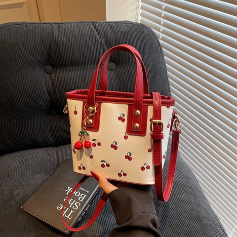Vintage Cherry Print Bucket Bag PU Leather Contrast Color Shoulder Crossbody Handbag With Cherry Pendant For Women