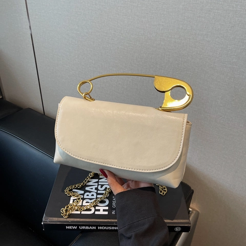 Fashion Women PU Leather Shoulder Bag Unique Gold Safety Pin Handle Metal Chain Small Square Crossbody Bag Street Trend Handbag