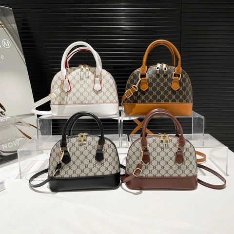 Vintage Monogram Shell Bag PU Leather Top Handle Crossbody Purse For Women Retro Commuter Fashion Handbag