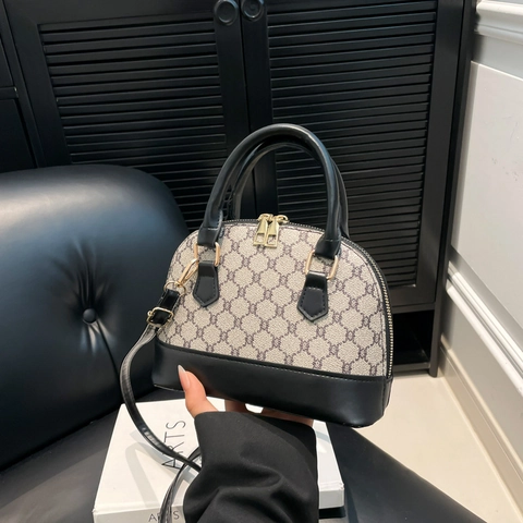 Vintage Monogram Shell Bag PU Leather Top Handle Crossbody Purse For Women Retro Commuter Fashion Handbag