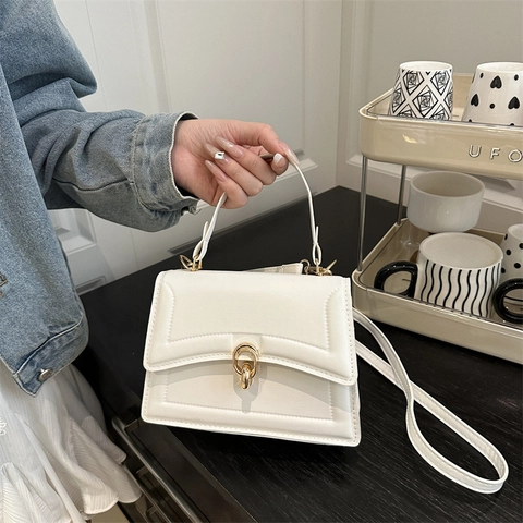 Borsa A Tracolla Piccola Quadrata Donne Pelle PU Fibbia Dorata Manico Moda Semplice Versatile Borsa A Mano