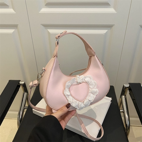 Mode Damen PU Leder Herz Spitze Halbmond Schultertasche Einfarbig Hobo Handtasche Süßer Stil Unterarmtasche Mit Verstellbarem Gurt