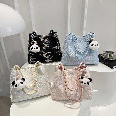 Bolso Tote Acolchado de Gran Capacidad para Mujer Bordado Ondulado Asa Trenzada Bolso de Hombro de Nylon Con Colgante Panda